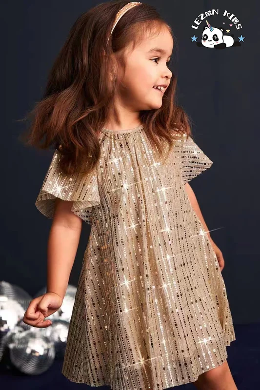 LEZONKIDS - Customizable High Quality Pretty Glitter Kids Dress Princess Dress Short Sleeves Angel Sequin Girls Dress
